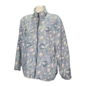 Vital Zone Vintage Silk Floral Casual Jacket Sz Large Retro Zip Front Lightweigh